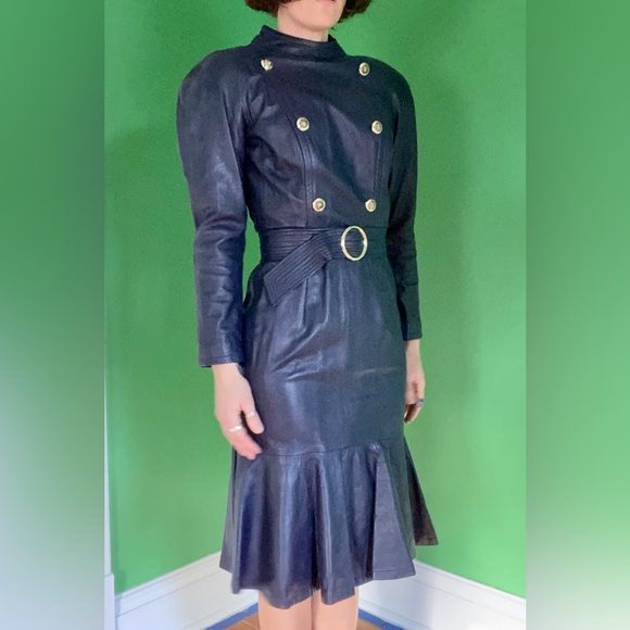 Vintage new 90s Mignon genuine leather blue purple belted long sleeve dress - Picture 2 of 9